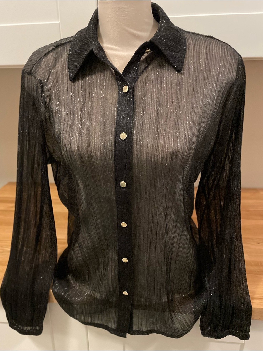 NWT Anne Klein Sheer Black Button-Down Blouse